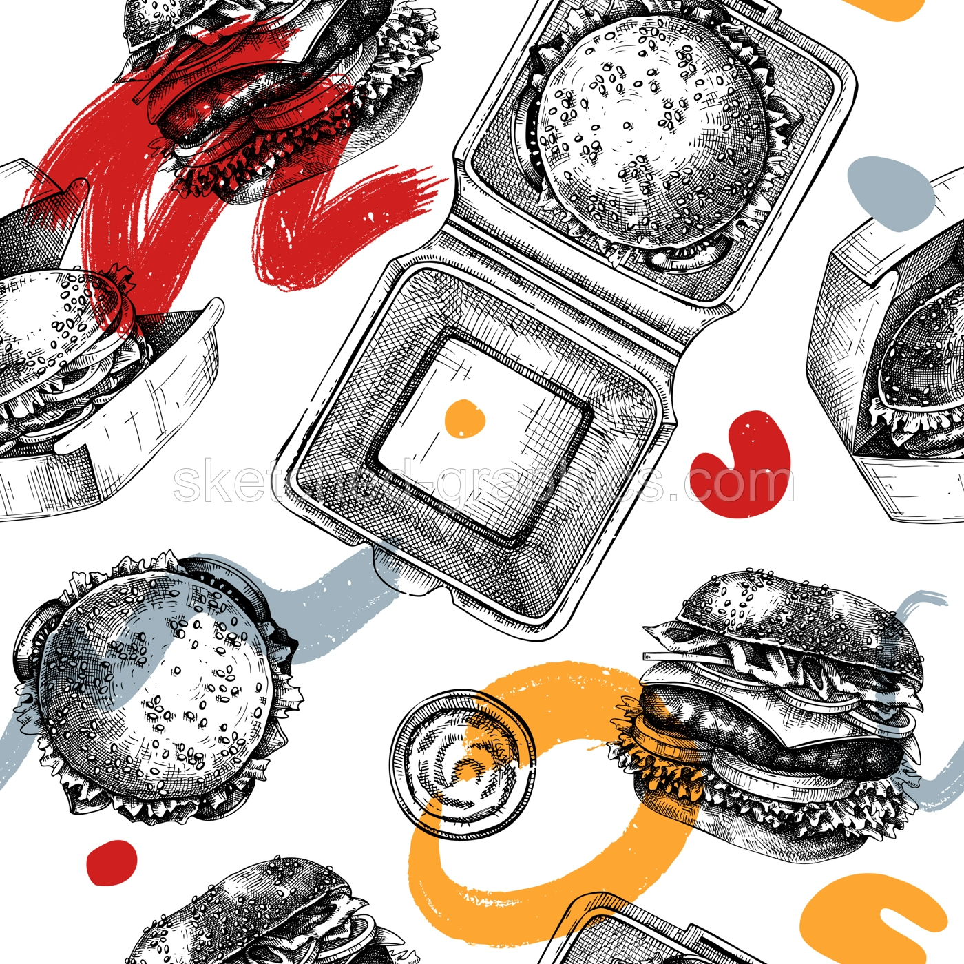 Collage-style fast food restaurant background. Burgers seamless pattern. Hand drawn vector illustration. Cardboard boxes for takeaway food, food delivery paper, plastic container sketches. Illustration